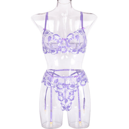 Hollow Out Cutout Floral Embroidery Lace Three-Point Garter Sexy Suit Three-Piece Set