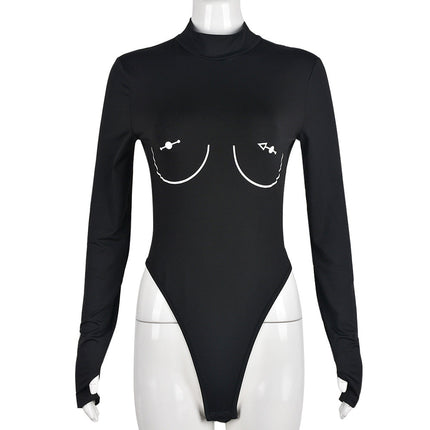 Sexy Long Sleeved Printed High Elastic Bodysuit Hollow Out Cutout Women Top