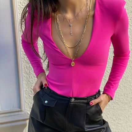 Women Clothing Sexy Four Color Deep V Plunge neck Padded Shoulder Close Fitting Inner Bodysuit
