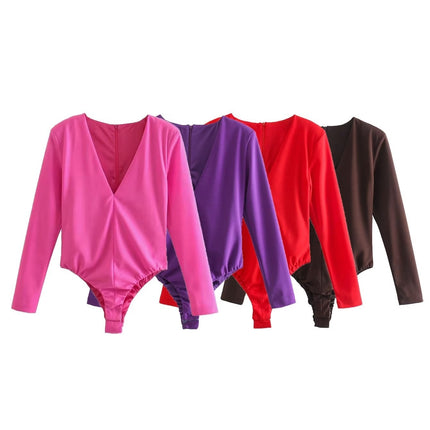 Women Clothing Sexy Four Color Deep V Plunge neck Padded Shoulder Close Fitting Inner Bodysuit