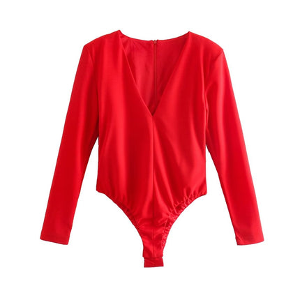 Women Clothing Sexy Four Color Deep V Plunge neck Padded Shoulder Close Fitting Inner Bodysuit