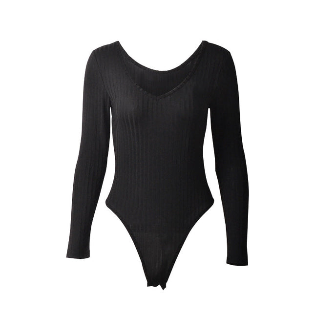 Tight Sexy Deep V neck Long Sleeve Sunken Stripe Bodysuit Autumn Winter Women Clothing
