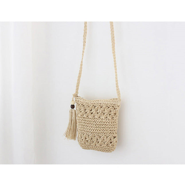 Wooden Bead Tassel Straw Bag Hollow Out Cutout Floral Crossbody Bag Tassel Straw Bag Woven Bag Holiday Beach Bag