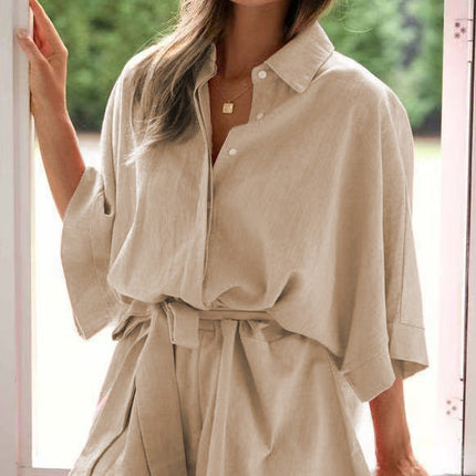 Summer Polo Collar Mid Sleeve Waist Lace up Loose Romper