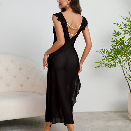 Multi Color Sexy Mesh See through Pajamas Suspenders Pearl Nightdress Evening Maxi Dress