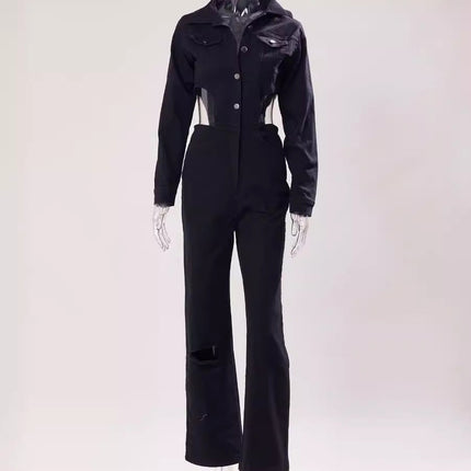 Sexy Shein Jumpsuit Casual Elastic Hollow Out Cutout out Denim Jumpsuit