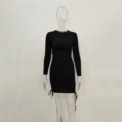 Women Sexy Sunken Stripe Long Sleeve Drawstring Adjustable Dress Women Clothing