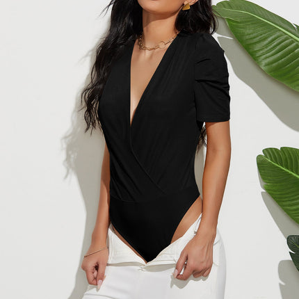 Deep V-neck Sexy Women Top Pleating Sleeve Slim Solid Color Base Shirt Figure Flattering Bodysuit