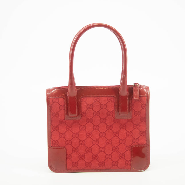Gucci GG Canvas Red Patent Trimmed Square Tote Bag #3434