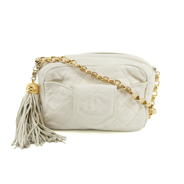 Chanel Matelasse Lambskin Tassel Camera Shoulder Bag White #3632