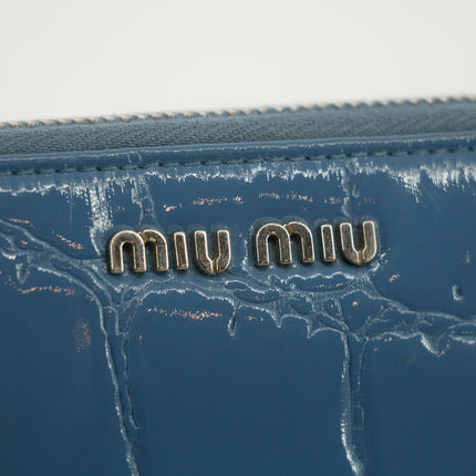 Miu Miu Blue Croco Embossed Leather Zip Around Wallet #3728
