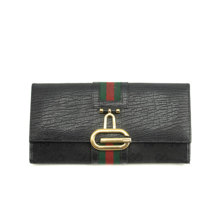 Gucci GG Vintage Black Canvas x Leather Sherry Line Long Wallet #3938