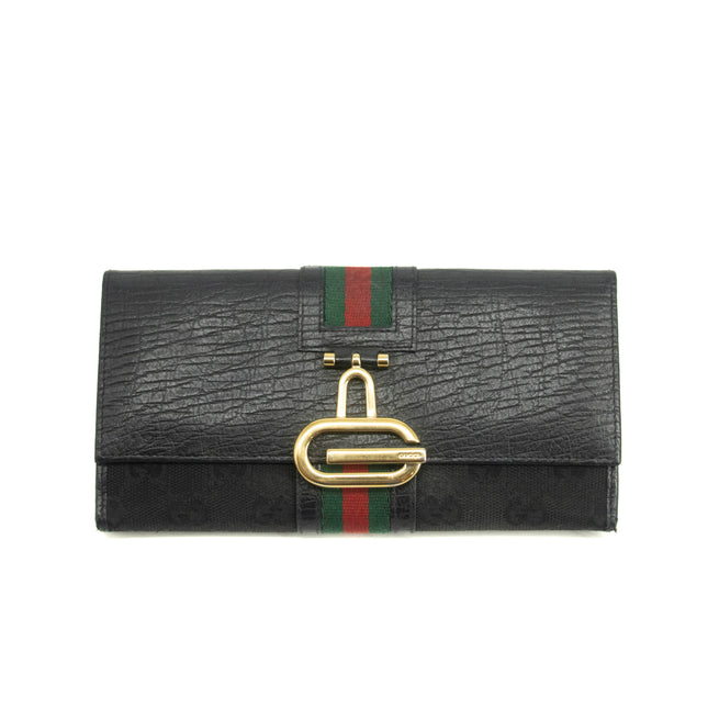 Gucci GG Vintage Black Canvas x Leather Sherry Line Long Wallet #3938