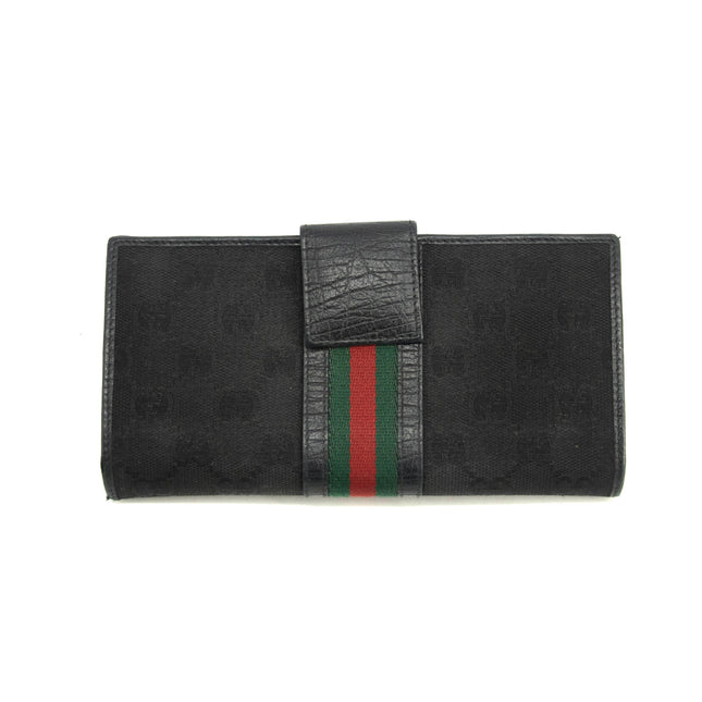 Gucci GG Vintage Black Canvas x Leather Sherry Line Long Wallet #3938