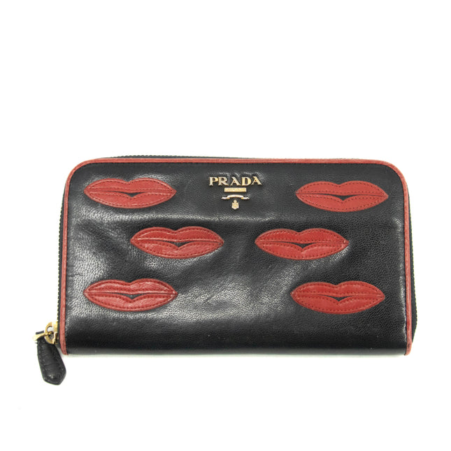 Prada Lips Applique Black Leather Zip Around Wallet #3955