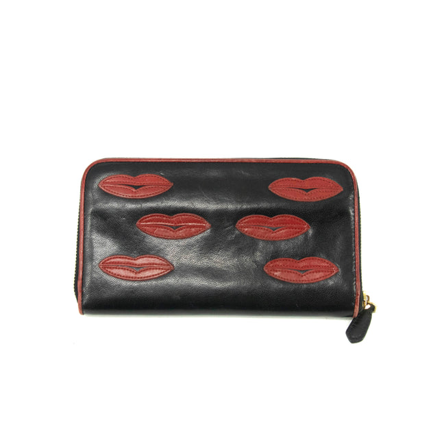 Prada Lips Applique Black Leather Zip Around Wallet #3955