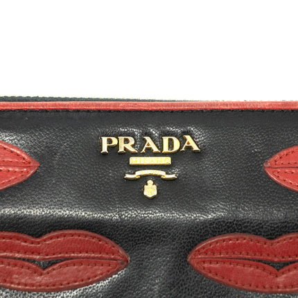 Prada Lips Applique Black Leather Zip Around Wallet #3955