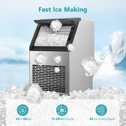 COWSAR Commercial Ice Maker Machine, 80Lbs/24H Stainless Steel Undercounter Ice Maker with 24Lbs Storage Capacity, Self-Cleaning Freestanding Ice Machine for Home, Bar, Restaurant, Office, Outdoor