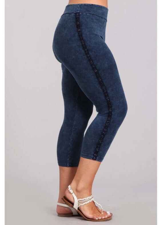 Crochet Striped Mineral Washed Capri Leggings Made in USA - Plus Size