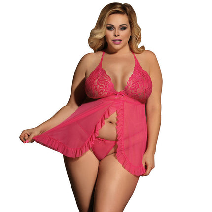 Plus Size Sexy Lingerie Women Halter Lace See through Sexy Nightdress Two Piece Sets