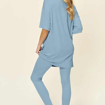 Double Take Full Size Round Neck Dropped Shoulder T-Shirt and Leggings Set