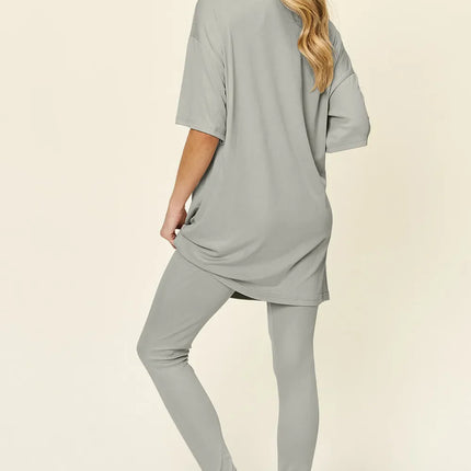 Double Take Full Size Round Neck Dropped Shoulder T-Shirt and Leggings Set