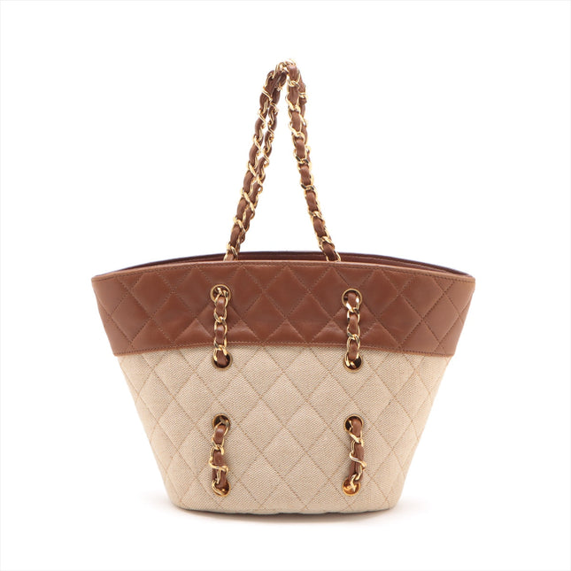 Chanel Matelasse Canvas & Leather Chain Tote Bag Beige x Brown Gold Metal Fittings 1454422 -#2326
