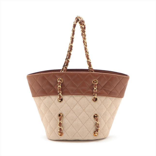 Chanel Matelasse Canvas & Leather Chain Tote Bag Beige x Brown Gold Metal Fittings 1454422 -#2326