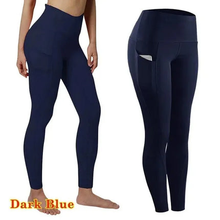 High Waist Elastic Workout Leggings Tummy Control Ruched Booty With Pocket