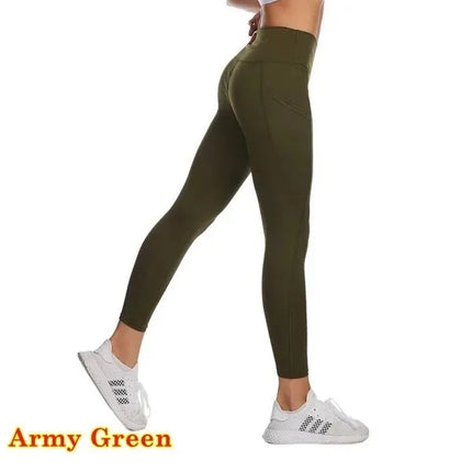 High Waist Elastic Workout Leggings Tummy Control Ruched Booty With Pocket