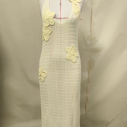 Sexy Hollow Out Cutout Floating Floral Halter Backless Sleeveless Casual Vacation Beach Dress
