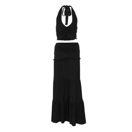 Women Clothing Summer Lace Halterneck Vest Pleated Skirt Two Piece Set for Women