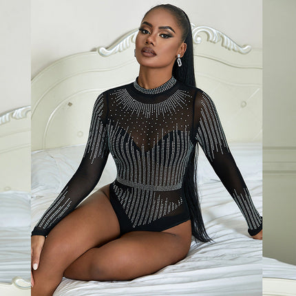 Sexy Underwear Mesh Rhinestone Sexy Long Sleeve Tight Jumpsuit Women Hollow Out Cutout out See through Seduction Pajamas
