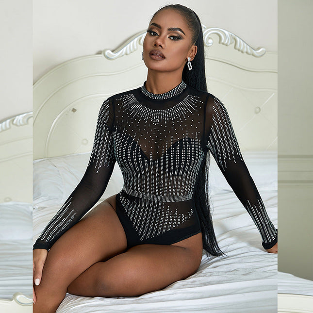 Sexy Underwear Mesh Rhinestone Sexy Long Sleeve Tight Jumpsuit Women Hollow Out Cutout out See through Seduction Pajamas