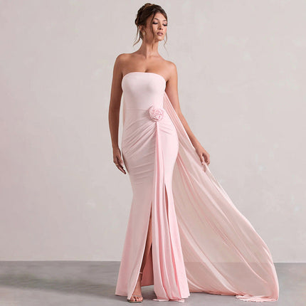 Women Clothing Summer Elegant Solid Color Tube Top Hip Wrapped Trailing Dress Women