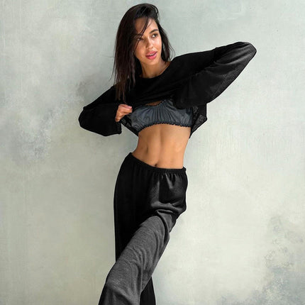 Autumn White Knitted Fabric round Neck Long Sleeved Trousers Pajamas Two Piece Loose Comfortable Ladies Homewear