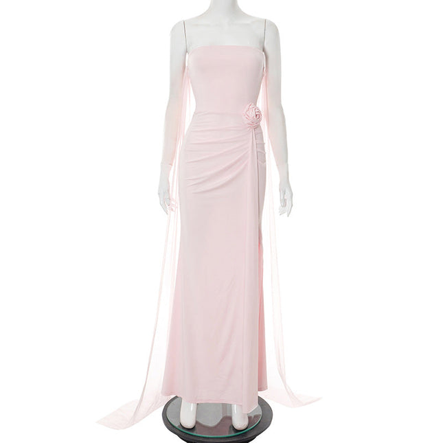 Women Clothing Summer Elegant Solid Color Tube Top Hip Wrapped Trailing Dress Women