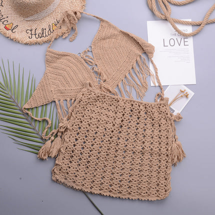 Retro Hand Crocheting Split Swimsuit Halter Strap Tassel Cutout A line Skirt Beach Skirt Women Set