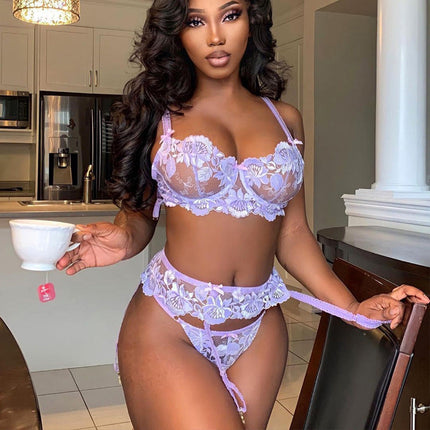 Hollow Out Cutout Floral Embroidery Lace Three-Point Garter Sexy Suit Three-Piece Set