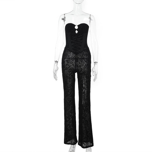 Metal Hollow Out Cutout See through Flocking Strap Lace Tube Top Jumpsuit