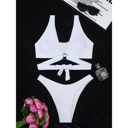 Women Split Three Point Solid Color Ring Small Sunken Stripe Bikini Sexy Swimsuit