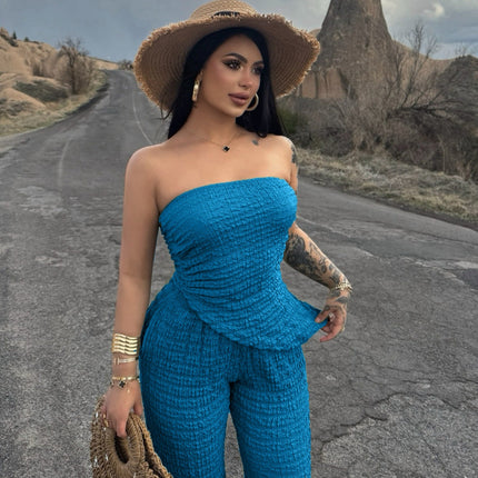 Summer Women Clothing Sexy off the Shoulder Tube Top Beveled Top Slim Trousers Two Piece Sets