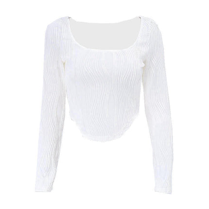 Summer French Design Pleated U Collar Simple Solid Color Slim Fit Long Sleeves Top Women