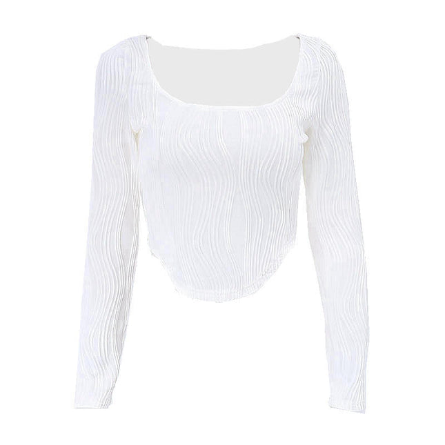Summer French Design Pleated U Collar Simple Solid Color Slim Fit Long Sleeves Top Women