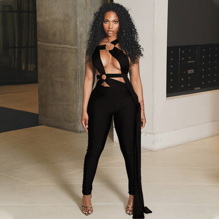 Sexy Women Streetwear Lace up Cutout Metal Ring Jumpsuit Solid Color Skinny Pants Long Jumpsuit