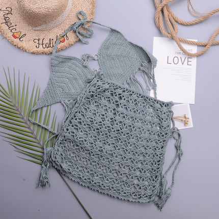 Retro Hand Crocheting Split Swimsuit Halter Strap Tassel Cutout A line Skirt Beach Skirt Women Set