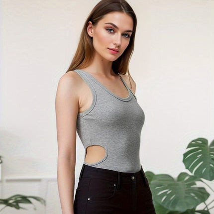 Autumn Winter Women Sexy Slim Fit U Collar Waist Hollow Out Cutout-out Rayon Rib Jumpsuit Women