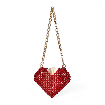 Red Love Heart Beaded Bag Hand Woven Bag Red Beads Bag Crossbody Shoulder Bag Finished Bag