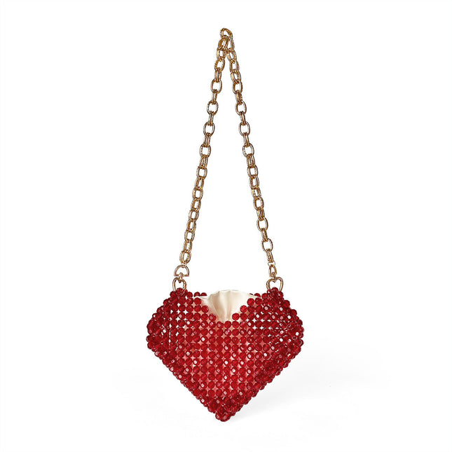 Red Love Heart Beaded Bag Hand Woven Bag Red Beads Bag Crossbody Shoulder Bag Finished Bag