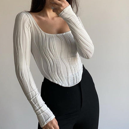 Summer French Design Pleated U Collar Simple Solid Color Slim Fit Long Sleeves Top Women